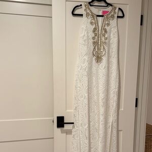 Elegant White and Gold Embroidered Dress